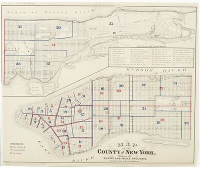 Mappa della Contea di New York, che mostra i distretti e le circoscrizioni di polizia, e la posizione delle stazioni di polizia da American School