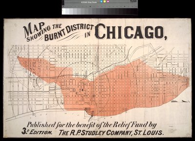 Mappa che mostra il distretto bruciato a Chicago, c.1872 da American School