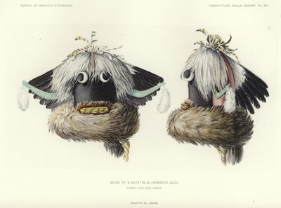 Maschera di A Sayathlia (dio guerriero) - vista frontale e laterale (litografia a colori) da American School
