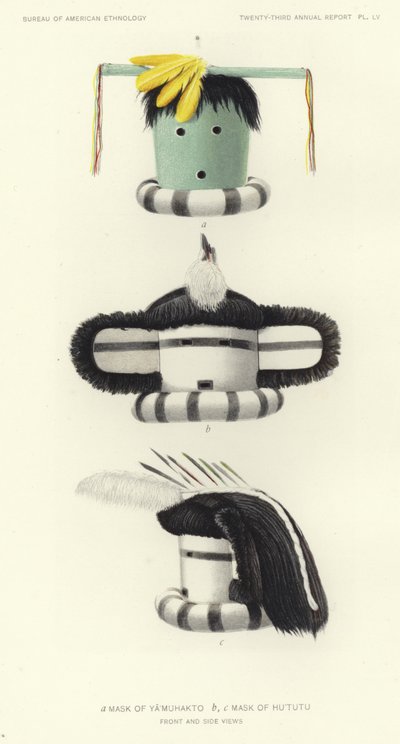 Maschera di Yamuhakto e maschera di Hututu (litografia a colori) da American School