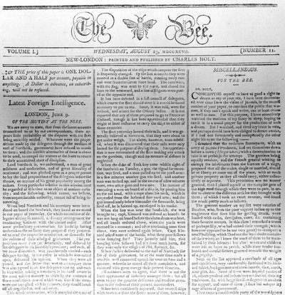 Testata di The Bee, stampata il 23 agosto 1797 da American School