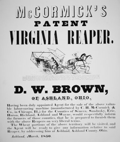 Pubblicità della mietitrice brevettata della Virginia di McCormick da American School