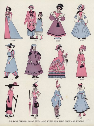 Beffa della moda femminile nel corso dei secoli (litografia a colori) da American School