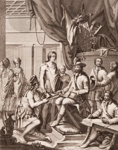 Montezuma che consegna il suo impero al Re di Spagna, dandogli un tributo e promettendo obbedienza, da Antonio de Solis y Rivadeneira Solis Storia della Conquista del Messico, inciso da Ximeno da American School