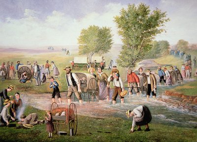 Pionieri mormoni che tirano carretti a mano nel lungo viaggio verso Salt Lake City nel 1856 da American School