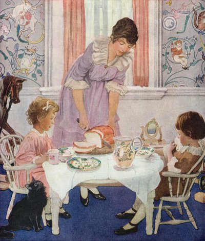 Madre che affetta il pane per i suoi figli da American School