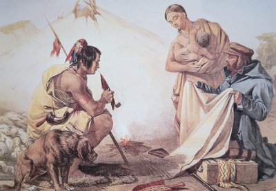 Nativi americani che commerciano pellicce (litografia a colori) da American School