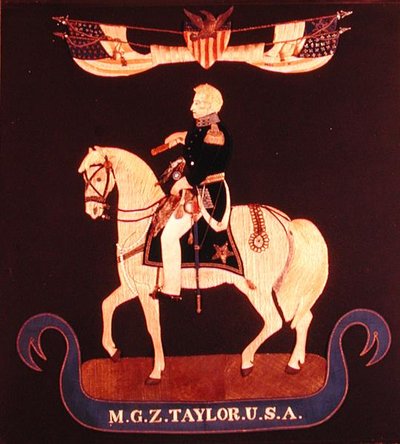 Quadro ricamato raffigurante il Maggiore Generale Zachary Taylor a cavallo, c.1846-55 da American School