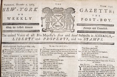 Testata della New York Gazette che dichiara la sua opposizione ai francobolli, stampata il 7 novembre 1765 da American School