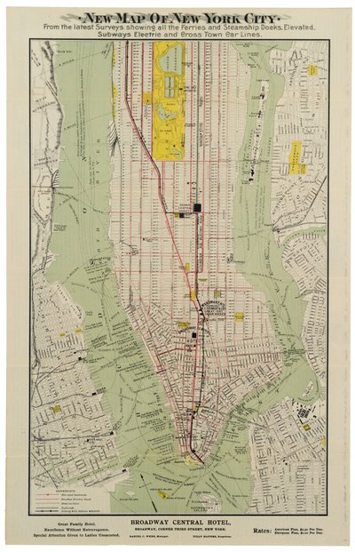 Nuova mappa della città di New York dai più recenti sondaggi che mostra tutti i traghetti e i moli delle navi a vapore, elevati, metropolitane elettriche e linee di tram trasversali da American School