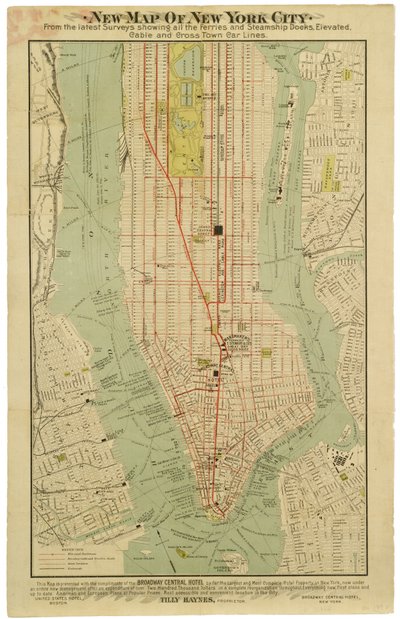 Nuova mappa della città di New York dagli ultimi sondaggi che mostra tutti i traghetti e i moli delle navi a vapore, elevati, metropolitane elettriche e linee di tram trasversali da American School