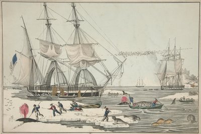 Pesca alla balena nel Mare del Nord, pub. 1860 (litografia a colori) da American School