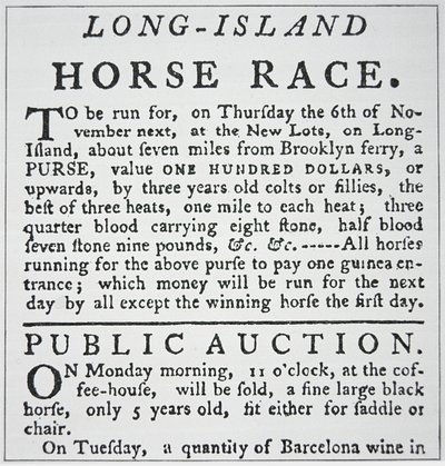 Avviso di una corsa di cavalli a Long Island, da Rivington