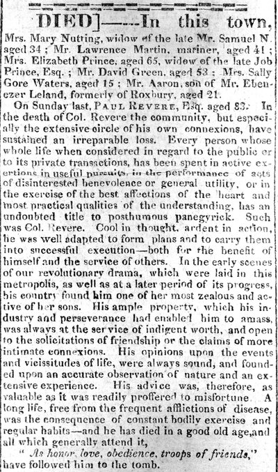 Pagina necrologica dal Boston Intelligencer, 16 maggio 1818 da American School