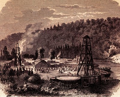 Campi petroliferi a Titusville in Pennsylvania, con il primo pozzo trivellato inventato da Edwin Laurentine Drake nel 1859, incisione, USA da American School