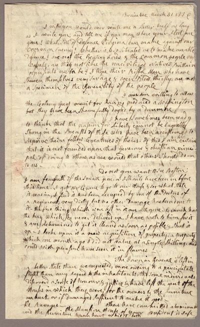 Pagina 1, Lettera di Abigail Adams a John Adams, 31 marzo - 5 aprile 1776 (inchiostro su carta) da American School