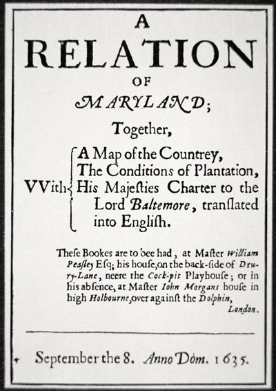 Opuscolo sulla colonia del Maryland emesso dal Secondo Lord Baltimore da American School