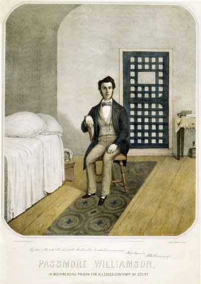 Passmore Williamson nella prigione di Moyamensing per presunto disprezzo della corte, pub. 1855 (litografia a colori) da American School