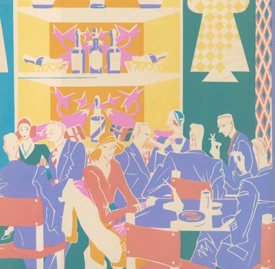 Clienti ai tavoli in un jazz club Art Deco da American School