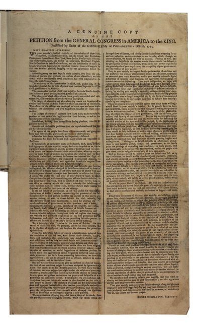 Petizione del Congresso Generale in America al Re, Congresso Continentale, 26 ottobre 1774 da American School