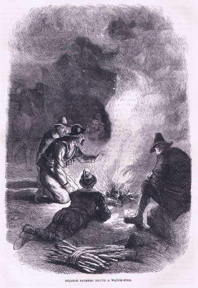 Padri Pellegrini attorno a un fuoco di guardia, illustrazione da Cassell