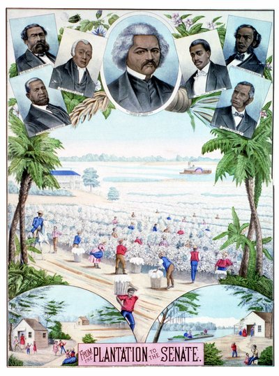 Piantagioni nel Senato: illustrazione che raffigura lavoratori neri nelle piantagioni di cotone e senatori neri negli Stati Uniti meridionali. da American School