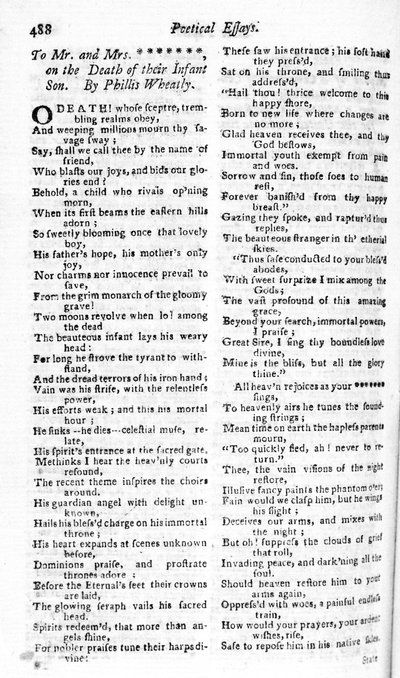Poesia scritta a una coppia per la morte del loro figlio da Phillis Wheatly, pubblicata nel Boston Magazine, 1783-84 da American School