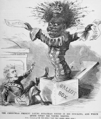Cartone politico che raffigura il presidente Andrew Jackson (1767-1845) spaventato dalla prospettiva del voto nero in America da American School