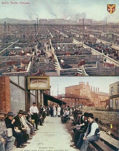 Cartolina che raffigura i recinti e i macelli di Chicago e lavoratori con cestini per il pranzo durante la pausa in Whiskey Row, c.1910 da American School
