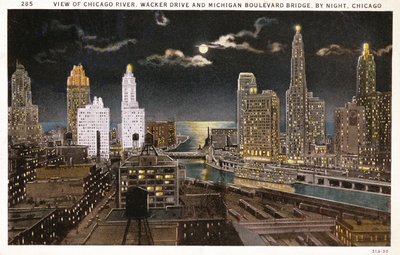 Cartolina di Chicago di notte da American School