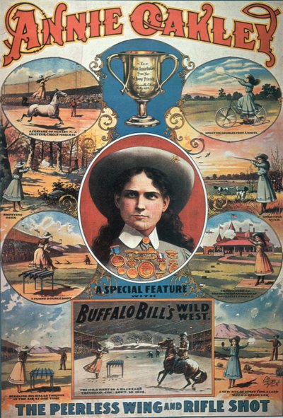 Poster pubblicitario di Annie Oakley nel Buffalo Bill