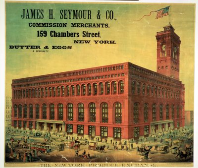 Poster pubblicitario di James H. Seymour & Co. Commission Merchants al New York Produce Exchange, inciso da Sacket, Wilhelms e Betzig, c.1885 da American School
