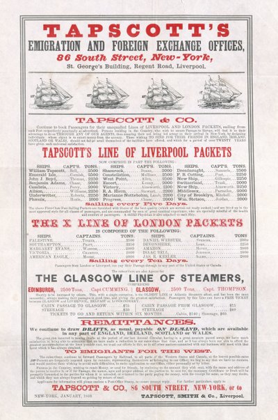 Poster pubblicitario degli uffici di emigrazione e cambio estero di Tapscott, New York, gennaio 1859 da American School