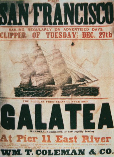 Poster pubblicitario per la rotta New York-San Francisco del clipper 
