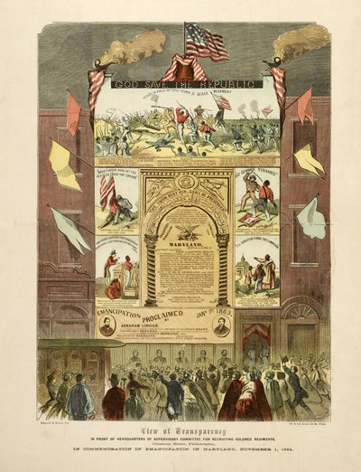 Poster che celebra "Emancipazione nel Maryland, 1 novembre" da American School