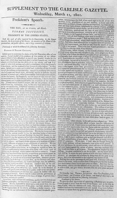 Discorso inaugurale del presidente Jefferson, supplemento alla Carlisle Gazette, 11 marzo 1801 da American School