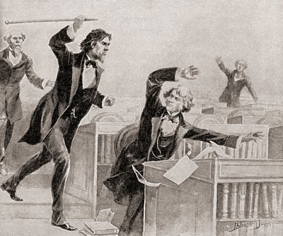 Preston Smith Brooks, fervente sostenitore della schiavitù, che assale il senatore Charles Sumner, abolizionista, con un bastone sul pavimento del Senato degli Stati Uniti, il 22 maggio da American School