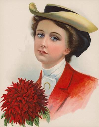 Giovane donna graziosa con cappello e un grande crisantemo rosso da American School