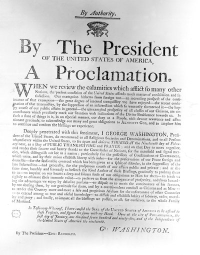 Proclamazione del presidente George Washington (1732-99) che stabilisce giovedì 19 febbraio come giorno di ringraziamento pubblico e preghiera, 1795 da American School