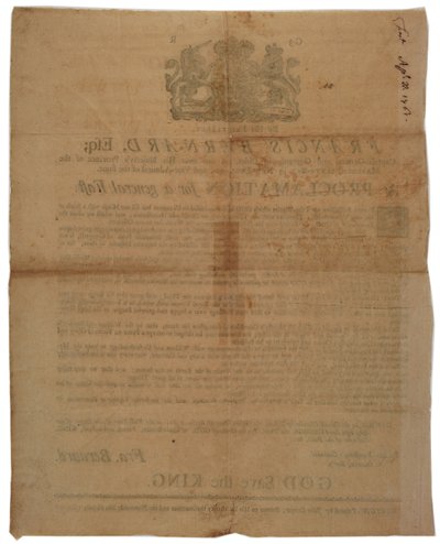 Proclamazione in nome di Francis Bernard, Governatore della Baia del Massachusetts: annuncio di un giorno di digiuno durante la guerra franco-indiana, 8 aprile 1761 da American School
