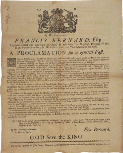 Proclamazione in nome di Francis Bernard, Governatore della Baia del Massachusetts: annuncio di un giorno di digiuno durante la guerra franco-indiana, 8 aprile 1761 da American School