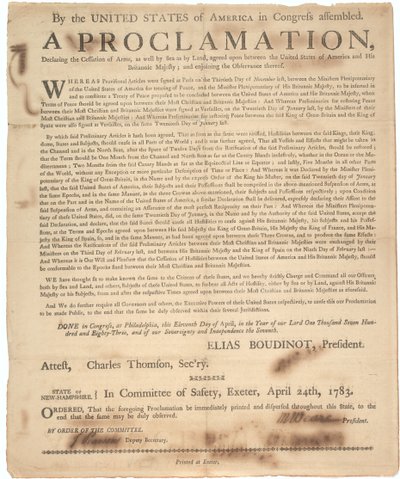 Proclamazione del Congresso che dichiara la cessazione delle armi e la fine della guerra, 24 aprile 1783 da American School