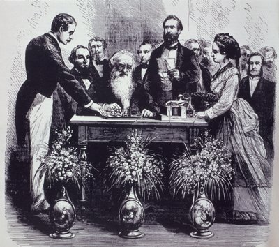 Professor Samuel Finley Breese Morse (1791-1872) che spiega il funzionamento della sua invenzione da American School