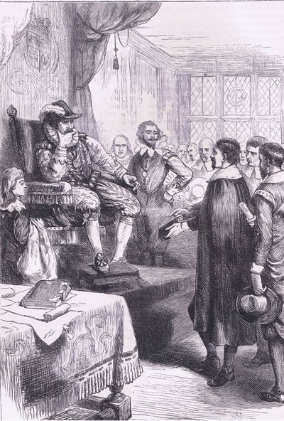 Puritani davanti a Giacomo I, illustrazione da 