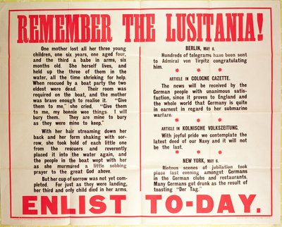 "Ricorda il Lusitania" manifesto di reclutamento della Prima Guerra Mondiale da American School