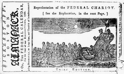 Rappresentazione del Carro Federale, illustrazione di copertina da Bickerstaffs Boston Almanack, pubblicato nel 1788 da American School