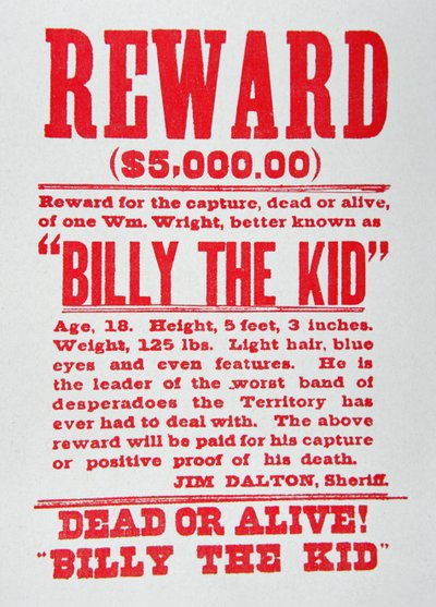 Manifesto di ricompensa per Billy the Kid (1859-81) (litografia) da American School