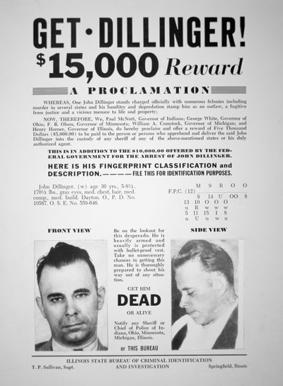 Manifesto di ricompensa per John Dillinger da American School