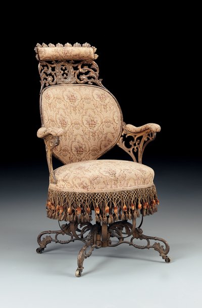 Poltrona centripeta in ghisa dipinta e dorata in stile Rococò Revival, prodotta dalla American Chair Company, New York, c.1850 da American School