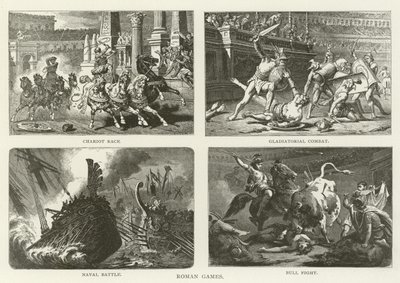 Giochi romani, corsa di carri, combattimento di gladiatori, battaglia navale, corrida da American School